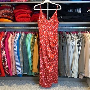 Lost + Wander red/white/black floral adjustable strap lined midi dress size S